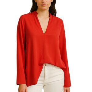 Zara XS Minimalist Red Long Sleeve Tunic‎ Top V Neck Flowy Blouse